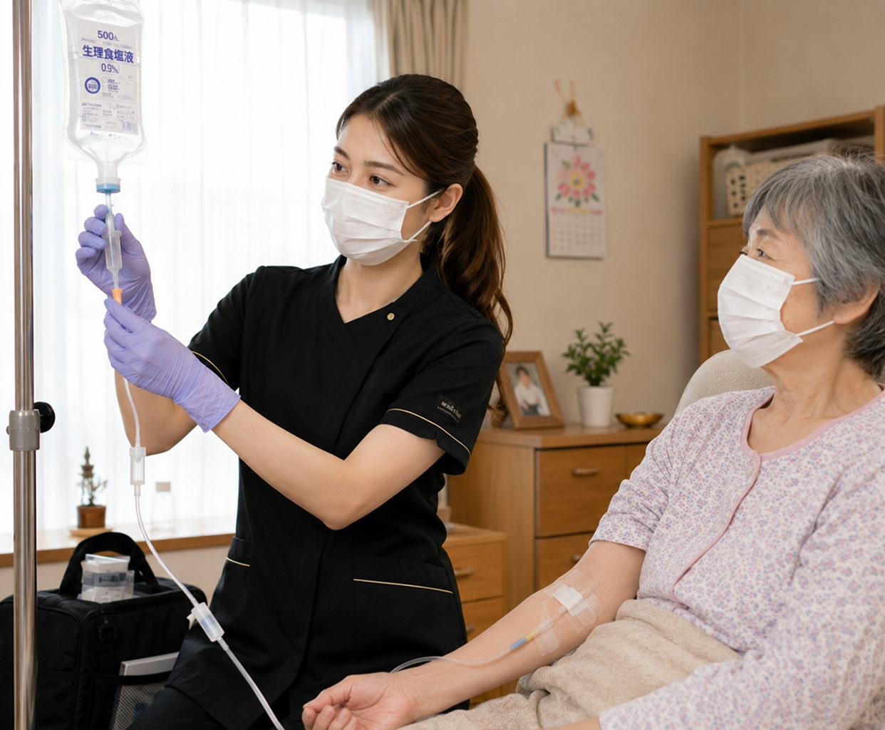 点滴の準備をする看護師